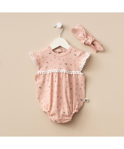 Yeni Doğan Kız Bebek Pamuklu Yazlık Romper Bandanalı Alttan Çıtçıtlı Bebek Tulum Set (Somon)