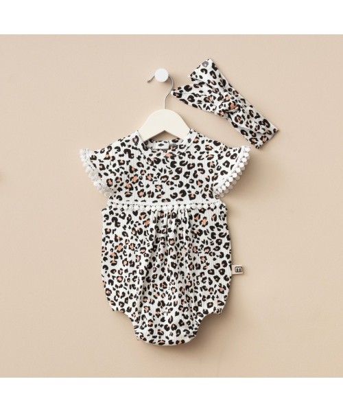 Yeni Doğan Kız Bebek Pamuklu Yazlık Romper Bandanalı Alttan Çıtçıtlı Bebek Tulum Set (Leopar)