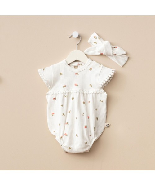 Yeni Doğan Kız Bebek Pamuklu Yazlık Romper Bandanalı Alttan Çıtçıtlı Bebek Tulum Set (Ekru)