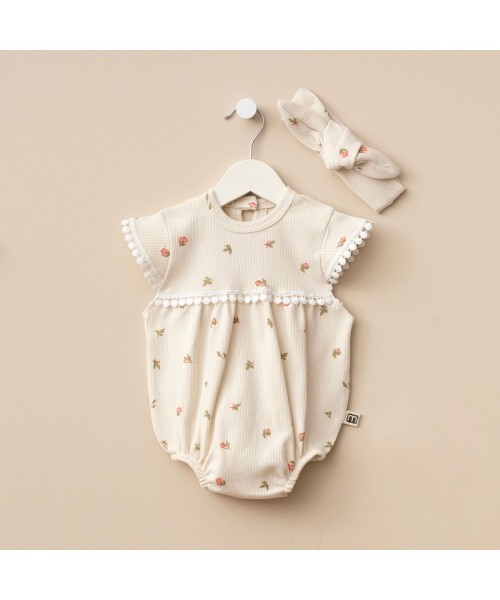 Yeni Doğan Kız Bebek Pamuklu Yazlık Romper Bandanalı Alttan Çıtçıtlı Bebek Tulum Set (Bej)