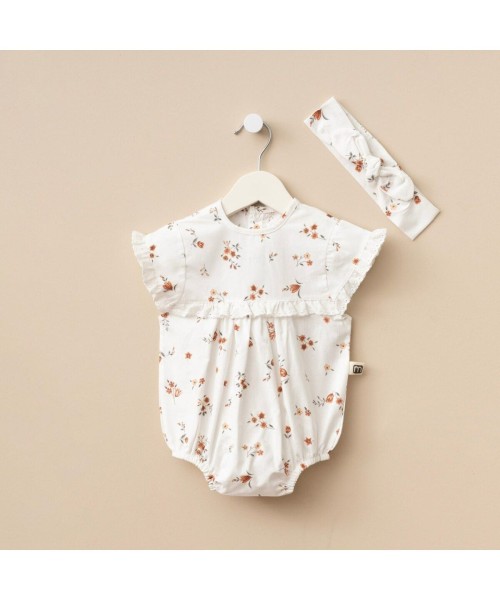Yeni Doğan Kız Bebek Pamuklu Yazlık Romper Bandanalı Alttan Çıtçıtlı Bebek Tulum Set (Turuncu Çiçek)