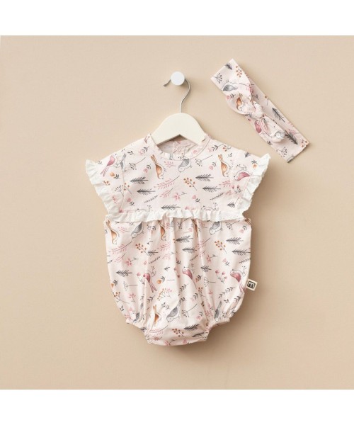 Yeni Doğan Kız Bebek Pamuklu Yazlık Romper Bandanalı Alttan Çıtçıtlı Bebek Tulum Set (Pembe Kuş)