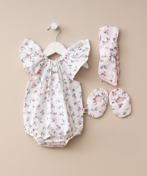 Bonnie Kız Bebek Yeni Doğan Pamuklu Romper Alttan Çıtçıtlı Saç Bantlı Tulum Set (Pembe Çiçek)