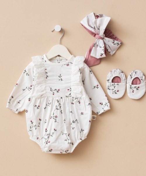Kız Bebek Pamuklu Romper Yeni Doğan Çiçekli Gül Kurusu Bant ve Patikli Tulum Takımı Hediye (Gül Kurusu)
