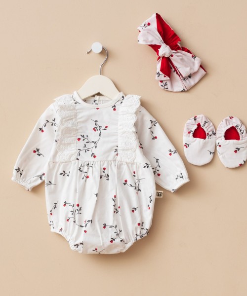 Kız Bebek Pamuklu Romper Yeni Doğan Kırmızı Çiçekli Bant ve Patikli Tulum Takımı Hediye (Kırmızı Çiçek)